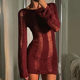 DERMEARNE Crochet Long Sleeve Bodycon Dress Women Sexy Hollow Out Backless Knitted Mini Dress 90s Vintage Coquette Female Cocktail Vestido