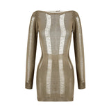 DERMEARNE Crochet Long Sleeve Bodycon Dress Women Sexy Hollow Out Backless Knitted Mini Dress 90s Vintage Coquette Female Cocktail Vestido