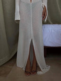 DERMEARNE Cryptographic Summer Beach Holiday Knitted Maxi Dress Outfits for Women Party Club Long Sleeve See Through Dresses Hollow Out