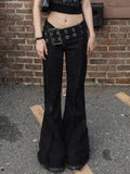 DERMEARNE Cuteandpsycho Designed Wide Sashes Full Length Pants Low Waisted Metal Buckle Y2K Flare Jeans Streetwear Pockets Cotton Bottoms