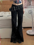 DERMEARNE Cuteandpsycho Designed Wide Sashes Full Length Pants Low Waisted Metal Buckle Y2K Flare Jeans Streetwear Pockets Cotton Bottoms