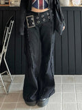 DERMEARNE Cuteandpsycho Designed Wide Sashes Full Length Pants Low Waisted Metal Buckle Y2K Flare Jeans Streetwear Pockets Cotton Bottoms