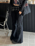 DERMEARNE Cuteandpsycho Designed Wide Sashes Full Length Pants Low Waisted Metal Buckle Y2K Flare Jeans Streetwear Pockets Cotton Bottoms