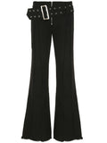 DERMEARNE Cuteandpsycho Designed Wide Sashes Full Length Pants Low Waisted Metal Buckle Y2K Flare Jeans Streetwear Pockets Cotton Bottoms