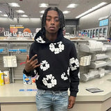 DERMEARNE DENIM TEARS 2025 New Men's and Women's Same Kapok Foam Printing High Street Fleece Hooded Sweater with Trousers Set