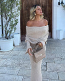 DERMEARNE DSMTRC Female Cover up Loose Long Sleeve Holiday Beach Party Dress Women Knitwear Dress Knit Hollow Out Off-Shoulder Maxi Dress
