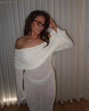 DERMEARNE DSMTRC Female Cover up Loose Long Sleeve Holiday Beach Party Dress Women Knitwear Dress Knit Hollow Out Off-Shoulder Maxi Dress