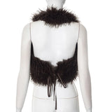 DERMEARNE DSMTRC Sexy Midnight Faux Fur Waistcoat Woman Furry Backless Crop Halter Vests Coat Deep V-neck Y2k High Street Brown Solid Tops