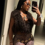 DERMEARNE DSMTRC Sexy Midnight Faux Fur Waistcoat Woman Furry Backless Crop Halter Vests Coat Deep V-neck Y2k High Street Brown Solid Tops