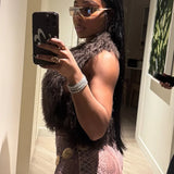 DERMEARNE DSMTRC Sexy Midnight Faux Fur Waistcoat Woman Furry Backless Crop Halter Vests Coat Deep V-neck Y2k High Street Brown Solid Tops