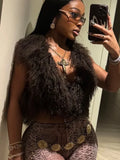 DERMEARNE DSMTRC Sexy Midnight Faux Fur Waistcoat Woman Furry Backless Crop Halter Vests Coat Deep V-neck Y2k High Street Brown Solid Tops