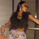 DERMEARNE DSMTRC Sexy Midnight Faux Fur Waistcoat Woman Furry Backless Crop Halter Vests Coat Deep V-neck Y2k High Street Brown Solid Tops