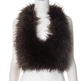 DERMEARNE DSMTRC Sexy Midnight Faux Fur Waistcoat Woman Furry Backless Crop Halter Vests Coat Deep V-neck Y2k High Street Brown Solid Tops