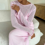 DERMEARNE DSMTRC Women 2024 Elegant Chic Soft Lady Hollowing Sweater Dresses Femme New Spring Autumn O-Neck Elastic Knit Long Dresses