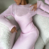 DERMEARNE DSMTRC Women 2024 Elegant Chic Soft Lady Hollowing Sweater Dresses Femme New Spring Autumn O-Neck Elastic Knit Long Dresses