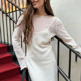 DERMEARNE DSMTRC Women 2024 Elegant Chic Soft Lady Hollowing Sweater Dresses Femme New Spring Autumn O-Neck Elastic Knit Long Dresses