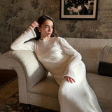 DERMEARNE DSMTRC Women 2024 Elegant Chic Soft Lady Hollowing Sweater Dresses Femme New Spring Autumn O-Neck Elastic Knit Long Dresses