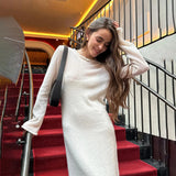 DERMEARNE DSMTRC Women 2024 Elegant Chic Soft Lady Hollowing Sweater Dresses Femme New Spring Autumn O-Neck Elastic Knit Long Dresses