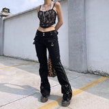 DERMEARNE Dark Punk Y2k Grunge Low Waist Emo Jeans Mall Gothic Women Black Patchwork Electro Pants Fashion Streetwear Alt Clothes