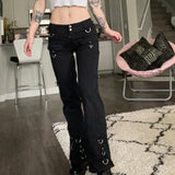 DERMEARNE Dark Punk Y2k Grunge Low Waist Emo Jeans Mall Gothic Women Black Patchwork Electro Pants Fashion Streetwear Alt Clothes