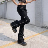 DERMEARNE Dark Punk Y2k Grunge Low Waist Emo Jeans Mall Gothic Women Black Patchwork Electro Pants Fashion Streetwear Alt Clothes