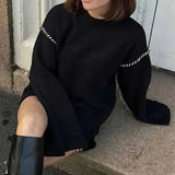 DERMEARNE Deeptown Black Basic Sweater Women Harajuku Patchwork Turtleneck Korean Fashion Knit Pullover Oversized Autumn Casual Design