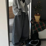 DERMEARNE Deeptown Grey Fleece Sweatpants Women Y2k Oversized Winter Warm Brushed Pants Korean Streetwear Wide Trousers Joggers Harajuku