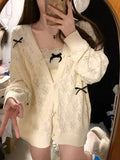 DERMEARNE Deeptown Korean Fashion Knitted Cardigan Women Sweet Girl Bow Hollow Out Sweater Coquette Aesthetic Loose Long Sleeve Top Autumn