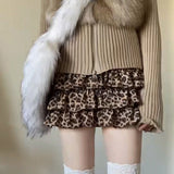 DERMEARNE Deeptown Leopard Print Sexy Mini Skirt Women Ruffle Y2k Vintage Harajuku Short Skirts Streetwear High Waist Layered Retro Skirt