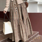 DERMEARNE Plaid Long Skirt Women Vintage Elegant Preppy Style Midi Skirts Harajuku Autumn Winter Casual Streetwear A-line Skirts