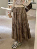 DERMEARNE Plaid Long Skirt Women Vintage Elegant Preppy Style Midi Skirts Harajuku Autumn Winter Casual Streetwear A-line Skirts