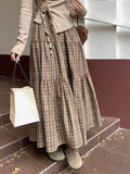 DERMEARNE Plaid Long Skirt Women Vintage Elegant Preppy Style Midi Skirts Harajuku Autumn Winter Casual Streetwear A-line Skirts