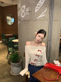 DERMEARNE Deeptown Sweet Bow Knitted Pullover Women Off Shoulder Sexy Long Sleeve Sweaters Korean Style Kawaii Autumn Winter Pullovers