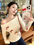 DERMEARNE Deeptown Sweet Bow Knitted Pullover Women Off Shoulder Sexy Long Sleeve Sweaters Korean Style Kawaii Autumn Winter Pullovers