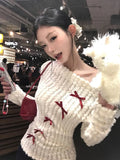 DERMEARNE Deeptown Sweet Bow Knitted Pullover Women Off Shoulder Sexy Long Sleeve Sweaters Korean Style Kawaii Autumn Winter Pullovers