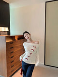 DERMEARNE Deeptown Sweet Bow Knitted Pullover Women Off Shoulder Sexy Long Sleeve Sweaters Korean Style Kawaii Autumn Winter Pullovers