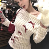 DERMEARNE Deeptown Sweet Bow Knitted Pullover Women Off Shoulder Sexy Long Sleeve Sweaters Korean Style Kawaii Autumn Winter Pullovers