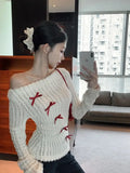 DERMEARNE Deeptown Sweet Bow Knitted Pullover Women Off Shoulder Sexy Long Sleeve Sweaters Korean Style Kawaii Autumn Winter Pullovers