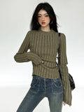 DERMEARNE Deeptown Vintage Green Crop Sweater Women Fairy Grunge Striped Pullover Casual Slim Knitted Jumper Harajuku Fashion Sueter Mujer