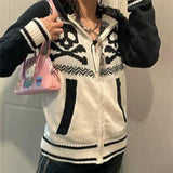 DERMEARNE Deeptown Y2K Gothic Vintage Zipper Women Sweater Embroidery Harajuku Hooded Cardigan Japanese 2000s Style Autumn Punk Knitwear