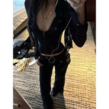 DERMEARNE Deeptown Y2k Black Sexy Shirts Women V Neck Coquette Harajuku American Vintage Zip Up Blouse Slim Gyaru Cardigan Streetwear
