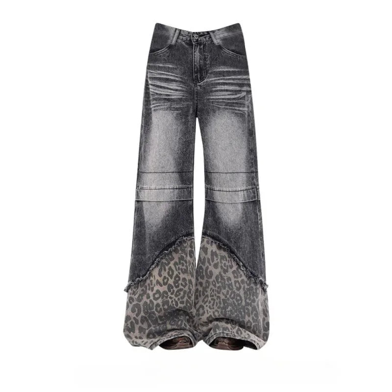 DERMEARNE Deeptown Y2k Vintage Patchwork Leopard Women Jeans Harajuku Washed Wide Leg Korean Fashion Denim Pants Baggy Trousers Streetwear