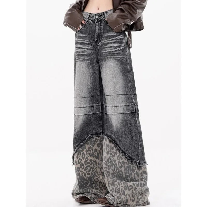 DERMEARNE Deeptown Y2k Vintage Patchwork Leopard Women Jeans Harajuku Washed Wide Leg Korean Fashion Denim Pants Baggy Trousers Streetwear