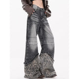 DERMEARNE Deeptown Y2k Vintage Patchwork Leopard Women Jeans Harajuku Washed Wide Leg Korean Fashion Denim Pants Baggy Trousers Streetwear
