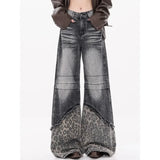 DERMEARNE Deeptown Y2k Vintage Patchwork Leopard Women Jeans Harajuku Washed Wide Leg Korean Fashion Denim Pants Baggy Trousers Streetwear