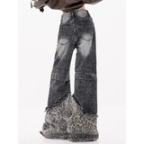 DERMEARNE Deeptown Y2k Vintage Patchwork Leopard Women Jeans Harajuku Washed Wide Leg Korean Fashion Denim Pants Baggy Trousers Streetwear