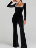 DERMEARNE Diamond Velvet Jumpsuits Women High Waist Long Sleeve Square Collar Casual Female Jumpsuit 2025 Winter Chic Black Lady Romper