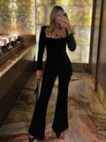 DERMEARNE Diamond Velvet Jumpsuits Women High Waist Long Sleeve Square Collar Casual Female Jumpsuit 2025 Winter Chic Black Lady Romper