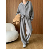 DERMEARNE Double zipper lazy casual hooded sweatshirt drawstring wide leg pants suit early autumn new style