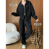DERMEARNE Double zipper lazy casual hooded sweatshirt drawstring wide leg pants suit early autumn new style
